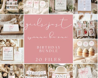 May include: A pink and white printable birthday party bundle with the text "Girls just wanna be one" and "Birthday Bundle 20 Files". The bundle includes a variety of printable items, such as banners, cupcake toppers, and welcome signs. The design features a pink bow with a watercolor effect.