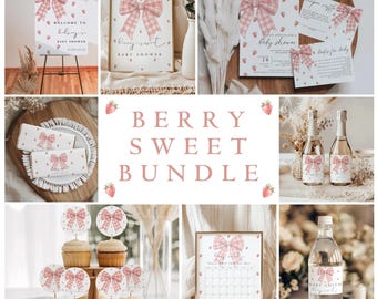 Strawberry Baby Shower Invitation Template, Sweet Berry Baby Shower Invite, Berry Sweet Baby Shower Bundle Pink Bow Baby Shower Games