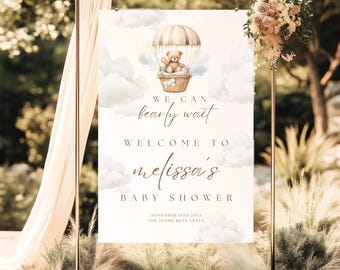 Letrero de bienvenida para baby shower "Podemos esperar", letrero de oso de acuarela de género neutro para baby shower, osito de peluche bohemio, letrero digital editable para baby shower.