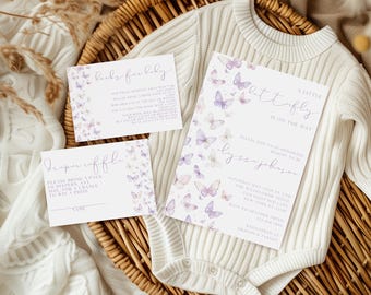 Zaproszenie na baby shower z motywem „Mały motylek w drodze” z wstawkami w kolorze fioletowym