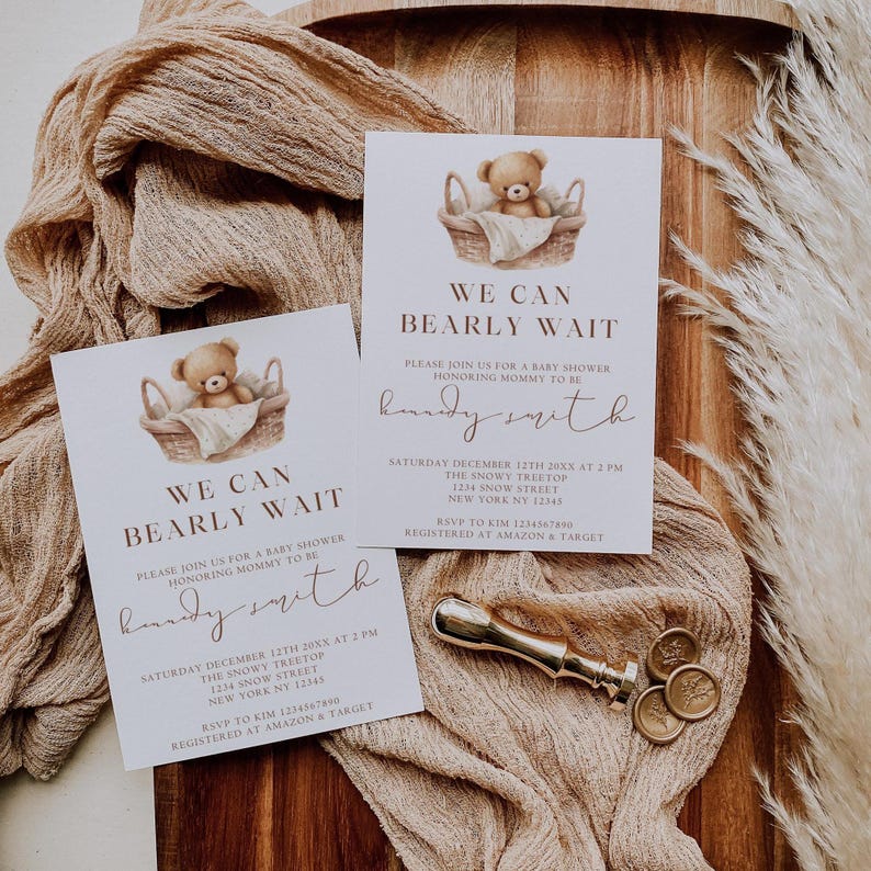 Teddy Bear Baby Shower Invitation Template, We Can Bearly Wait Baby ...
