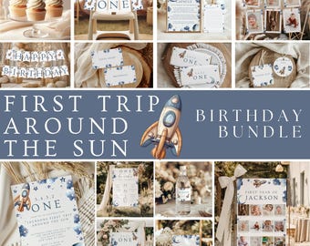 First Trip Around the Sun Birthday Bundle, Space First Birthday Party Invitation, Galaxy 1st Birthday Suite, Rocket Birthday Decoration