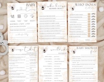 Peut inclure: Ensemble de six cartes de jeux pour une baby shower avec des graphiques d'abeilles et de nids d'abeilles. Les jeux incluent "Baby Predictions", "Who Knows Mommy Best?" et "Baby Shower Feud". Les cartes sont imprimées sur fond crème.