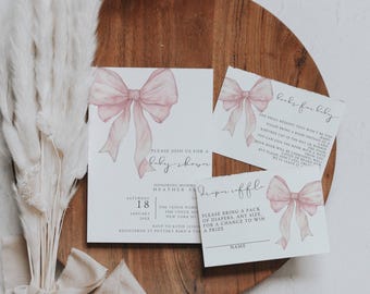 Blush Pink Bow Baby Shower Invitation Editable Elegant Watercolor Coquette Bow Invitation Pink Girl Baby Shower Invite Pink Ribbon