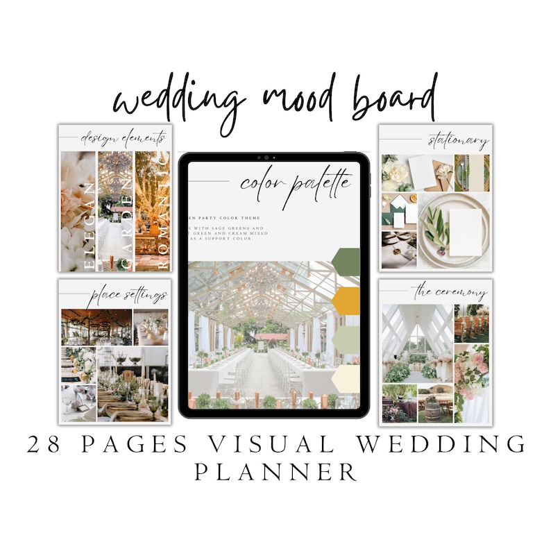 May include: A wedding mood board with a color palette of sage green, cream, and gold. The board includes images of wedding stationery, place settings, and the ceremony.
