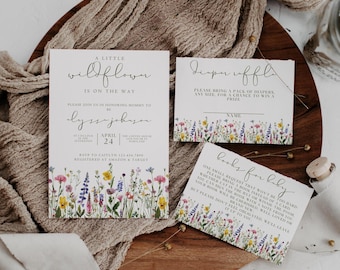 Inbjudan till babyshower med blommotiv, vår- och sommarmotiv, handritad inbjudan till babyshower