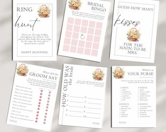 May include: A set of printable bridal shower games with a floral theme. The games include "Ring Hunt", "What Did the Groom Say", "How Old Was the Bride", "Guess How Many Kisses", and "What's in Your Purse".