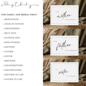 May include: Three white cards with black text. The cards say "To my mother On my wedding day", "To my father On my wedding day", and "To my sister On my wedding day".