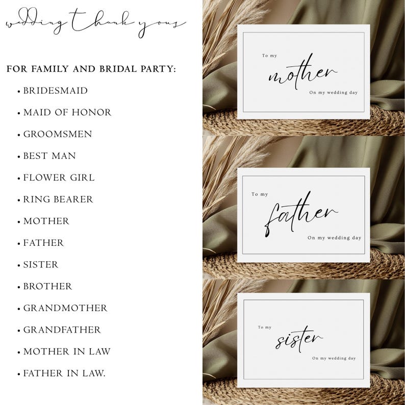 May include: Three white cards with black text. The cards say "To my mother On my wedding day", "To my father On my wedding day", and "To my sister On my wedding day".