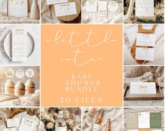 May include: A selection of baby shower stationery and decorations, including invitations, cupcake toppers, and signs. The designs feature watercolour illustrations of giraffes and floral accents, with the text "a little cutie" and "Baby Shower Bundle 20 Files".