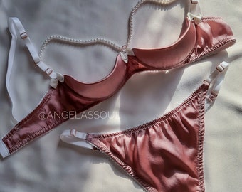 Erotic Lingerie Set, Handmade Silk Set of Open-cup Bra and Thong 