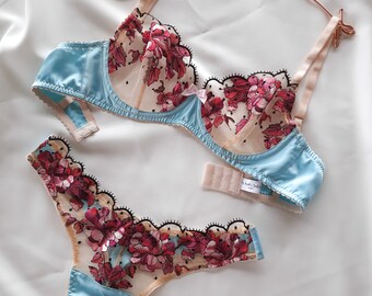 floral lingerie set, silk handmade underwear