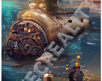 Instant Download - AI Generated Printable Images - Steampunk Submarine Coming into Dock - High Quality Downloads for Prints