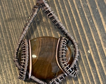 Tigers Eye Pendant With Copper Wire Weave