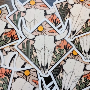 Cow Skull Sticker, Bull Head, Bull Skull, Longhorn Steer, Boho Cactus Flower, Western, Water Bottle, Laptop, Waterproof Sticker, Vinyl Decal