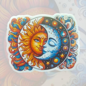 Sun and Moon Celestial Rectangular Premium Waterproof Sticker Vinyl Decal | Black or White Background