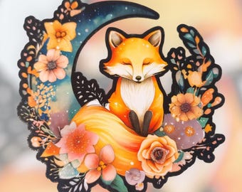 Mystical Moon Fox Vinyl Sticker: Waterproof Decal
