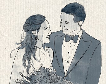 May include: A black and white illustration of a bride and groom in a watercolour style. The bride is holding a bouquet of flowers and the groom is wearing a tuxedo.