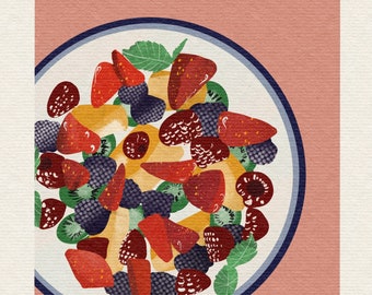May include: A white plate with a colourful fruit salad. The salad includes strawberries, blackberries, kiwi, and pineapple. The fruit is arranged in a circular pattern on the plate.
