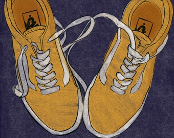 May include: A pair of yellow canvas shoes with white laces. The shoes have a simple design and are tied together with a white ribbon.