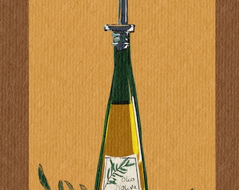 May include: A green glass bottle of olive oil with a pour spout and a label that reads "Olio D'Oliva". The bottle is surrounded by green olive branches and black olives.