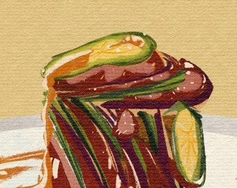 May include: A colourful illustration of a plate of ratatouille, a French dish made with aubergine, courgettes, bell peppers, onions, and tomatoes. The dish is topped with a slice of lemon and a sprig of parsley.