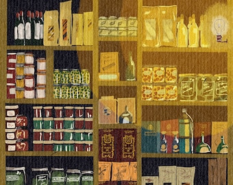 May include: A vintage-style illustration of a grocery store shelf stocked with various food items, including jars of preserves, bottles of wine, and boxes of crackers. The shelves are made of wood and have a rustic, worn look. The background is a muted yellow colour.