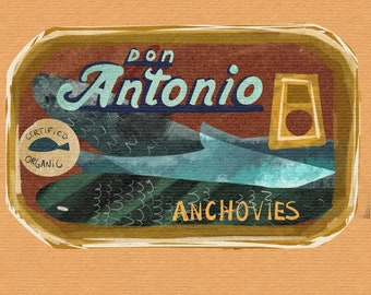 May include: A vintage-style illustration of a tin of anchovies. The tin is labelled "Don Antonio Anchovies" and has a "Certified Organic" label. The tin is painted in a watercolour style with a brown background and yellow accents.