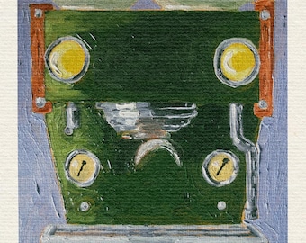 May include: An oil painting depicting a green espresso machine, featuring two cups and saucers. The machine has yellow dials and accents, with the brand name "La Marzocco" visible. The background is a light blue.