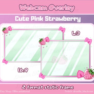 Adorable Pink Strawberry Webcam Frame, Pastel Kawaii Stream Graphics Overlay