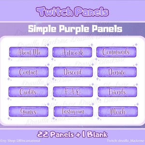 以下が含まれることがあります： 丸みを帯びた角と白いテキストを持つ、紫色のTwitchパネル22個のセット。パネルには、「About Me」、「Artwork」、「Commands」、「Contact」、「Discord」、「Donate」、「Credits」、「FAQ」、「Friends」、「Games」、「Instagram」、「Merch」などのさまざまなテキストが記載されています。「22 Panels + 1 Blank」というテキストは画像の下部に表示されています。