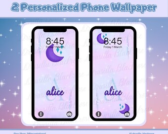 2 Personalized Moon Phone Wallpaper, Adorable Lunar Phone Background, Custom Name Included