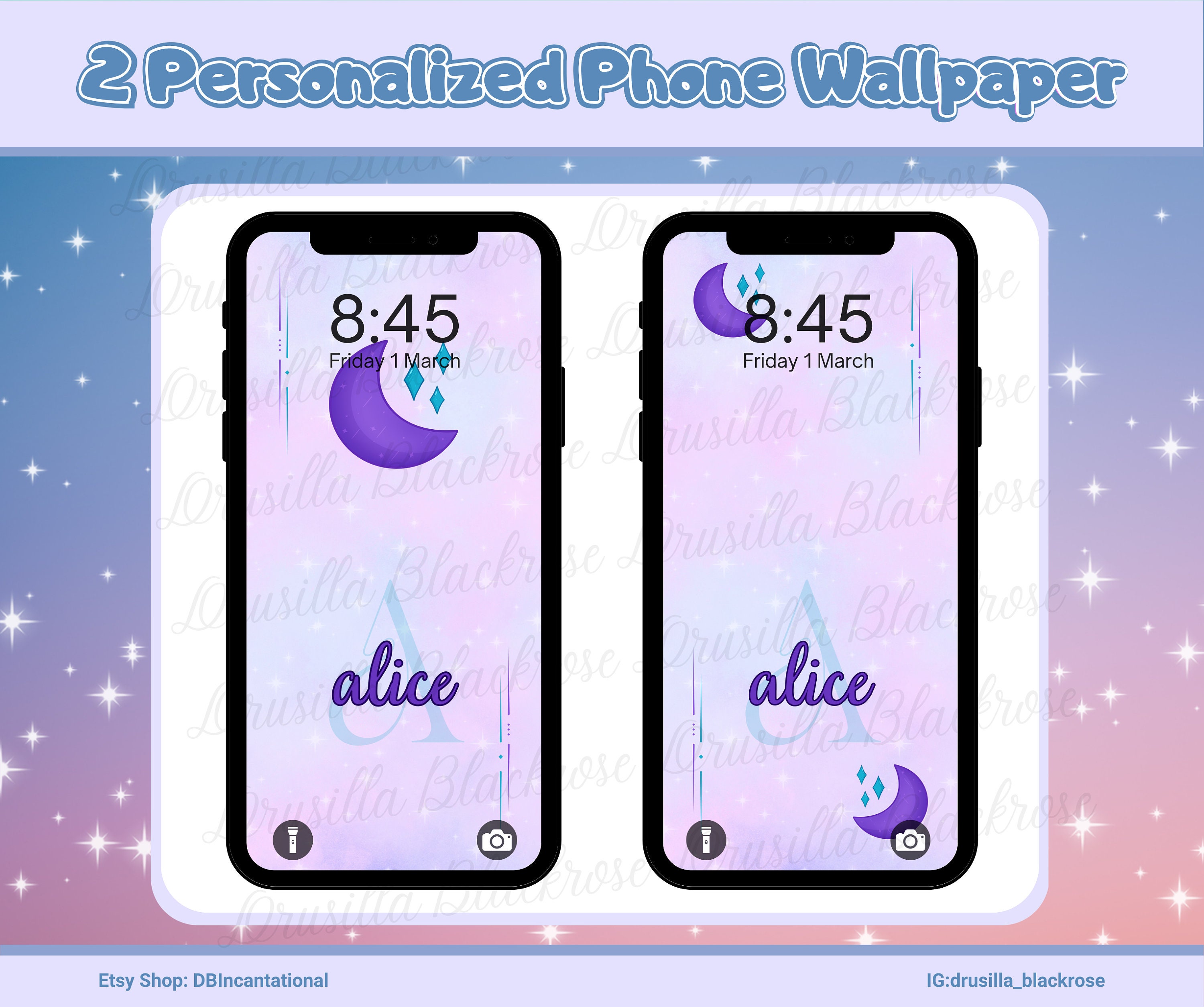 2 Personalized Moon Phone Wallpaper, Adorable Lunar Phone Background, Custom Name Included