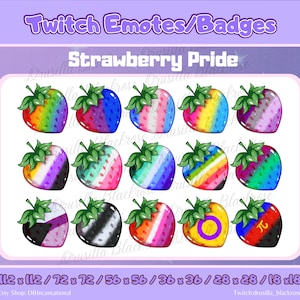 Könnte beinhalten: Ein Set mit 12 digitalen Twitch-Emojis, die Erdbeeren mit verschiedenen Pride-Flaggen-Designs zeigen. Die Emojis sind in verschiedenen Größen erhältlich, darunter 112x112, 72x72, 56x56, 36x36, 28x28 und 18x18 Pixel.