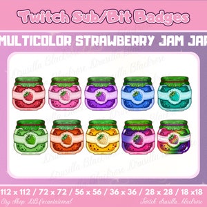 Cute Strawberry Jam Jar Badge Set of 10 Strawberry Twitch Sub and Bits Badges, Rainbow and Multicolor fruit Emotes for twitch Streamers