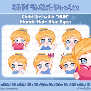 Cute Chibi Girl Emote with Bun Hairstyle, Blonde Hair Blue Eyes, 6 Poses: love, Cry, Hype, Ok, Hi, Wink. Starter Emote Set Twitch, Discord