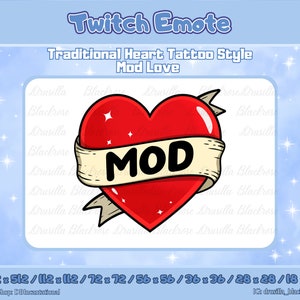 Twitch MOD Appreciation Emote, Red Heart MOD Love, Traditional Tattoo Style Icon, Love Moderators Twitch Badge, Seven sizes included!