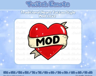 Twitch MOD Appreciation Emote, Red Heart MOD Love, Traditional Tattoo Style Icon, Love Moderators Twitch Badge, Seven sizes included!