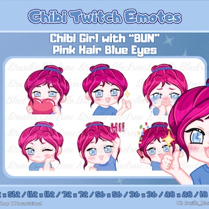 Cute Chibi Girl Emote with Bun Hairstyle, Pink Hair Blue Eyes, 6 Poses: love, Cry, Hype, Ok, Hi, Wink. Starter Emote Set Twitch, Discord