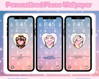 Custom Cat Paw Phone Wallpaper, Personalized Pet Name lock screen, Pastel Pet Phone Background, Cute Cat Lover Phone Screensaver