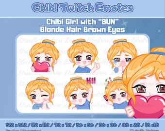 Cute Chibi Girl Emote with Bun Hairstyle, Blonde Hair Brown Eyes, 6 Poses: love, Cry, Hype, Ok, Hi, Wink. Starter Emote Set Twitch, Discord