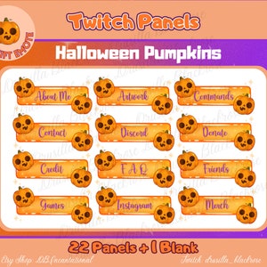 Può includere: Ventidue pannelli Twitch di Halloween a forma di zucca arancione e viola con varie etichette di testo, tra cui "Informazioni su di me", "Opere d'arte", "Comandi", "Contatti", "Discord", "Dona", "Credito", "FAQ", "Amici", "Giochi", "Instagram" e "Merce". Il testo "22 Pannelli + 1 vuoto" è nella parte inferiore dell'immagine.