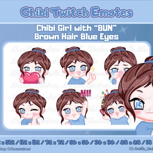 Cute Chibi Girl Emote with Bun Hairstyle, Brown Hair Blue Eyes, 6 Poses: love, Cry, Hype, Ok, Hi, Wink.Starter Emote Set for Twitch, Discord