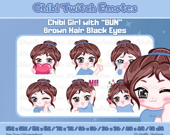 Cute Chibi Girl Emote with Bun Hairstyle, Brown Hair Black Eyes, 6 Poses: love, Cry, Hype, Ok, Hi, Wink. Starter Emote Set Twitch, Discord