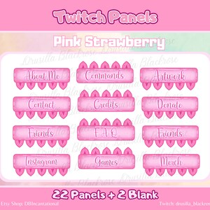 Adorable Pink Strawberry Info Panels for Twitch Streamers, unique pastel pink aesthetic