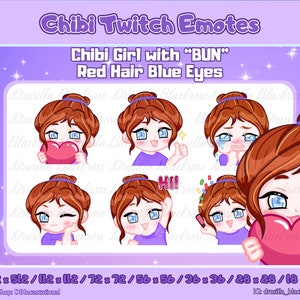Cute Chibi Girl Emote with Bun Hairstyle, Red Hair Blue Eyes, 6 Poses: love, Cry, Hype, Ok, Hi, Wink. Starter Emote Set Twitch, Discord