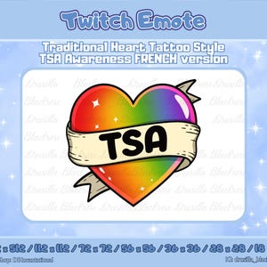 Peut inclure: Un design d'emote Twitch avec un style de tatouage de cœur traditionnel. Le cœur est un dégradé arc-en-ciel, avec une bannière affichant "TSA" en noir. Il s'agit de la "version FRANÇAISE".
