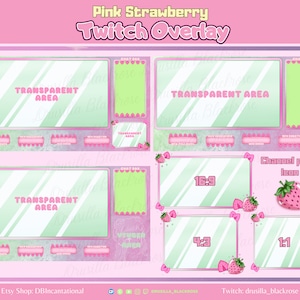 Adorable Pink Strawberry Themed Twitch Overlays, Simple Static overlays mini Bundle
