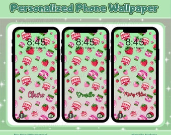 Personalized Kawaii Strawberry Phone Wallpaper, Adorable Strawberry Phone Background, Custom Name Included
