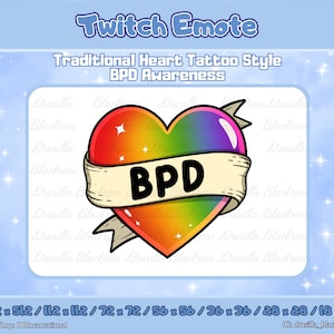Może przedstawiać: Projekt emotikonu Twitch z sercem w tradycyjnym stylu tatuażu. Serce ma gradient tęczy, z bannerem z napisem "BPD". Projekt ma na celu podnoszenie świadomości na temat BPD.